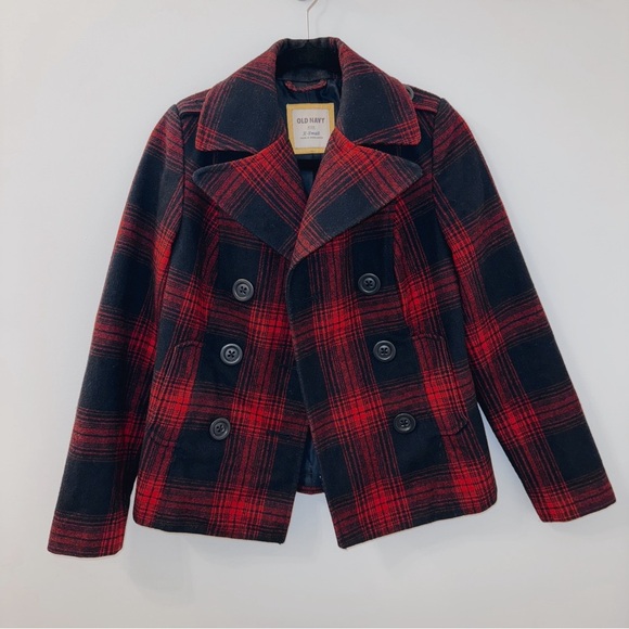 Old Navy Red & Navy Blue Plaid Peacoat Jacket XS - Picture 3 of 12